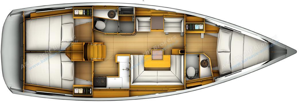 Jeanneau Sun Odyssey 419: Boat layout 3 cabins, 2 showers rooms