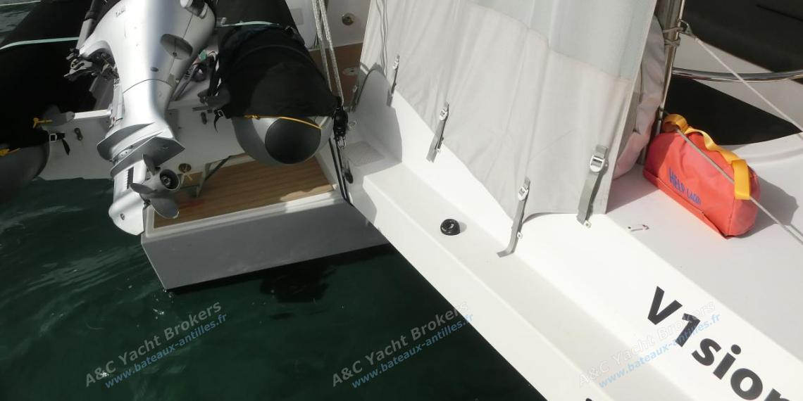 Neel 47 : Dinghy and cradle on central hull Neel 47 : Dinghy and cradle on central hull